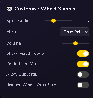 Customising wheel spinner settings
